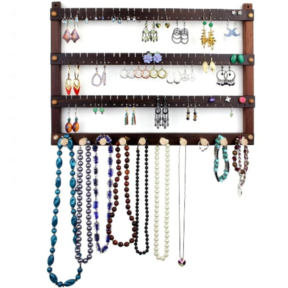 Jewelry Organizer Wall Mount earring holder rack necklace bracelet ring wood NEW